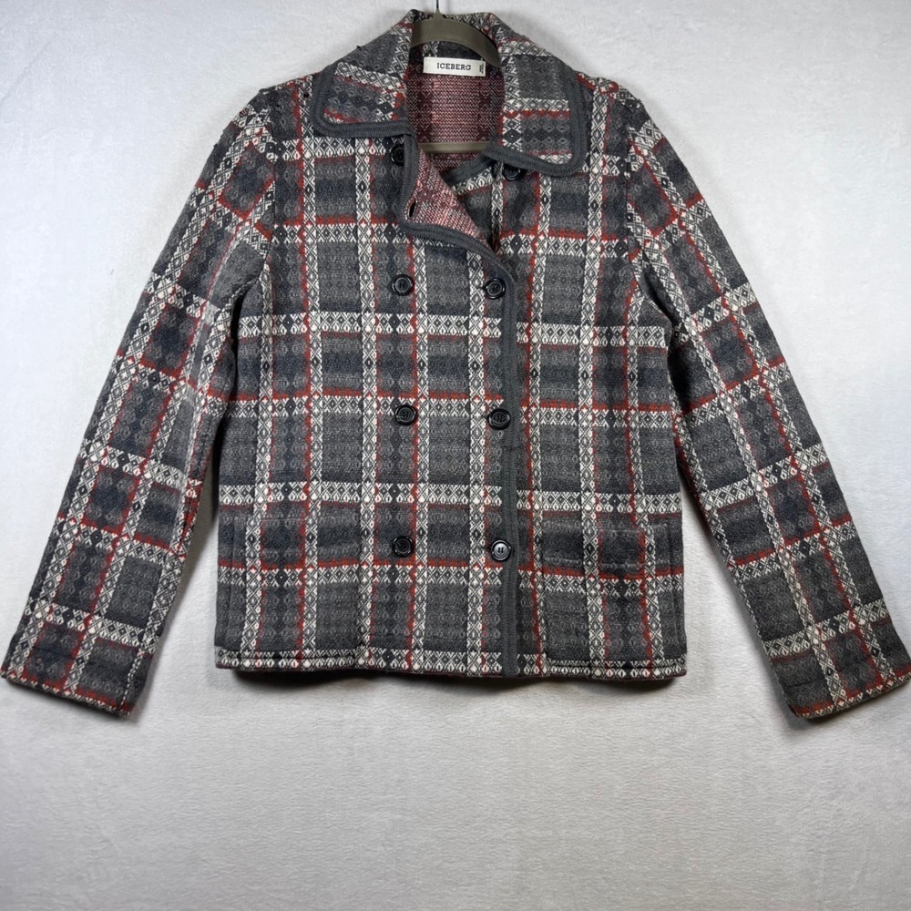 Iceberg Italy Womens Grey Plaid Double Breasted Knit Pea Coat Jacket S Designer